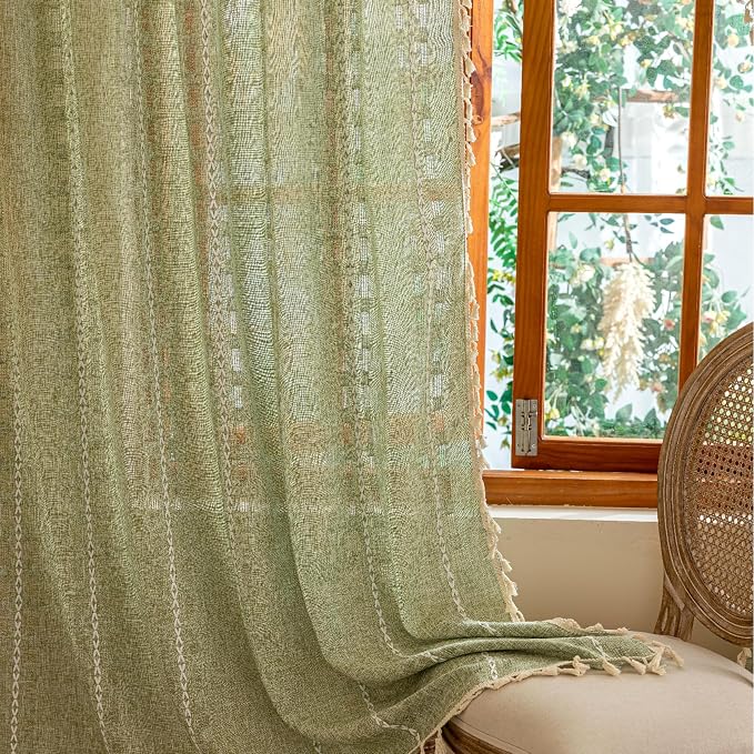 Boho Sheer Sage Green Curtains 84 inches Long 2 Panels for Living Room Bedroom,Farmhouse, Bohemian Tassels Country Light Filtering Xmas Curtains Shabby Chic Embroidery Striped Draps Back Tab, 50" W