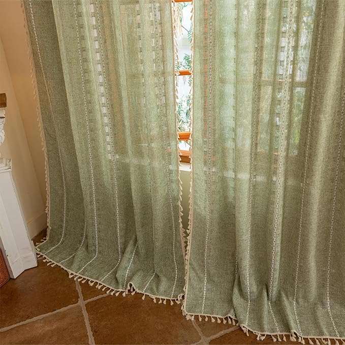 Sage Green Boho Curtains 2 Panel Set for Kitchen Bedroom Floor to Ceiling, Light Filtering Tassels Privacy Country Vintage Christmas Bohemian Stripes Window Treatment Back Tab, 50" x 54"