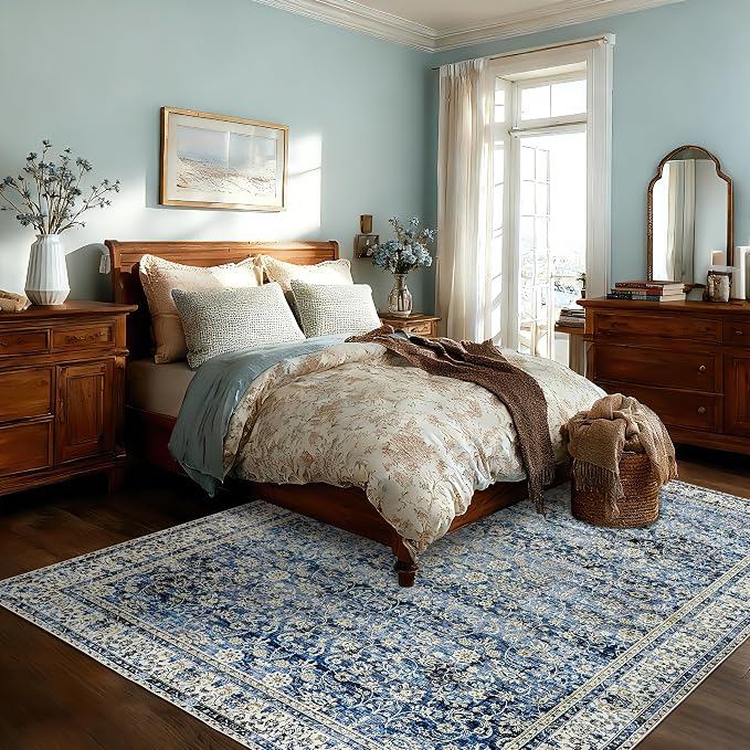 Blue Area Rug for Living Room 8x10 Washable Vintage Farmhouse Big Large Boho Distressed Carpet Rugs for Bedroom,Light Blue and Cream Polyester Rayon Cotton Blend