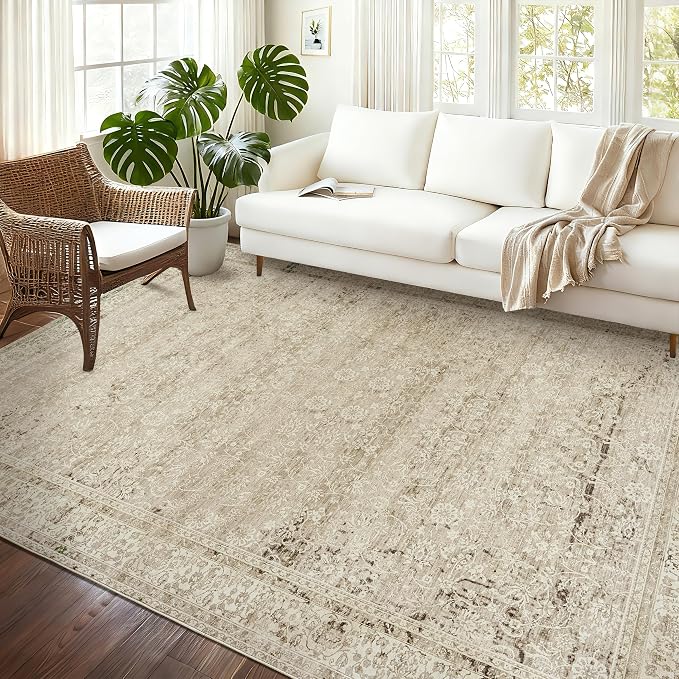 Cream and Light Tan Area Rugs Washable Rug for Living Room Bedroom, Distressed Floral Boho Vintage Style Non Slip Soft Rug Extra Large Carpet for Dining Room 9x12