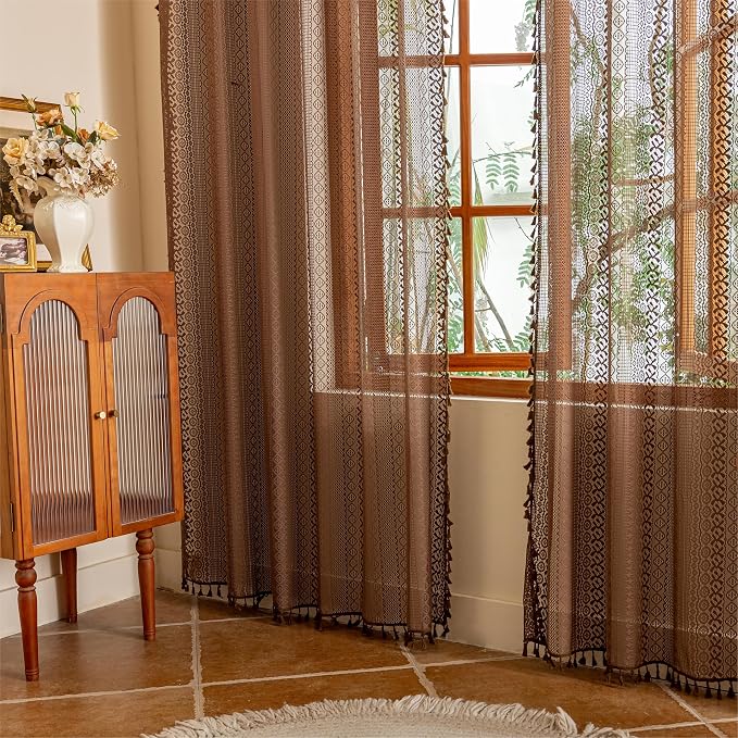 Sutuo Home Boho Curtains 2 Panels for Kitchen Nursery, Sheer Lace Curtains Bohemian Crochet Privacy Vintage Country Tassels Taupe Window Treatments Rustic Geometry Rod Pocket, 50" x 63" Dark Coffee