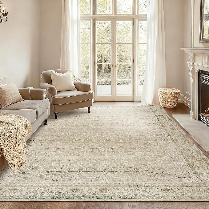 BILEEHOME Boho Cream Area Rugs 6x9 for Bedroom Washable Floral Neutral Modern Rug for Living Room,Light Beige and Tan Brown