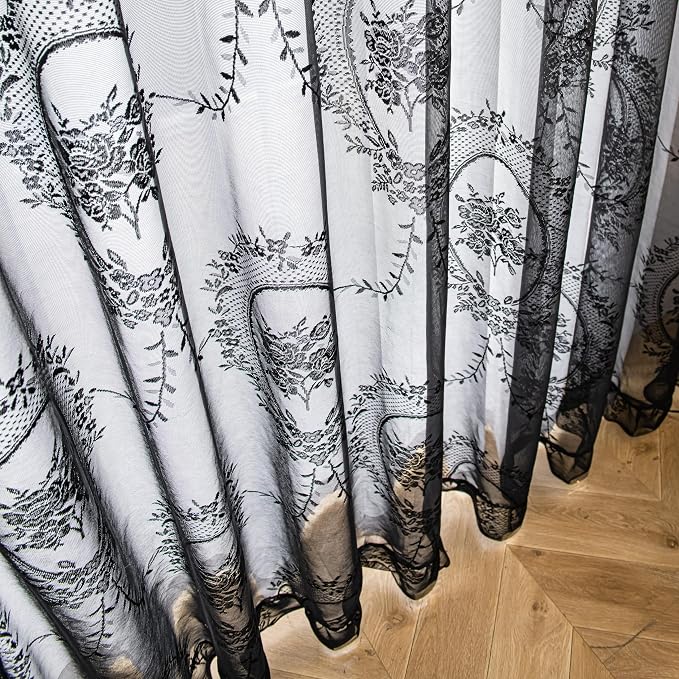 Sutuo Home Black Lace Curtains 84 Inches Long for Bedroom Living Room 2 Panels, Sheer Set Rose Floral Embroidery Ruffled Vintage Window Treatment Pair Gothic Halloween Decor, Rod Pocket, W57 x L84