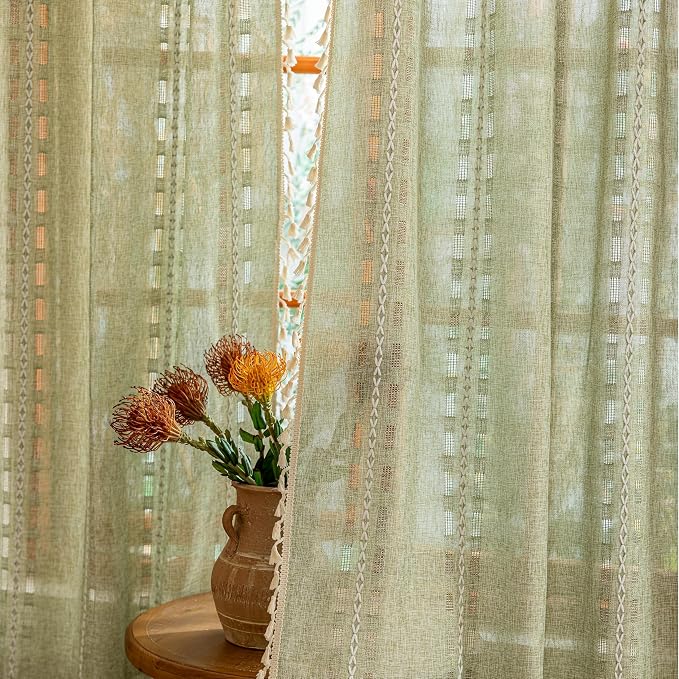 Sage Green Boho Sheer Curtains 72 inches Long 2 Panels for Bedroom, Light filtering Semi Sheer Bohemian Christmas Country Privacy Tassels Vintage Embroidery Stripes Window Curtains Back Tab, 50" W