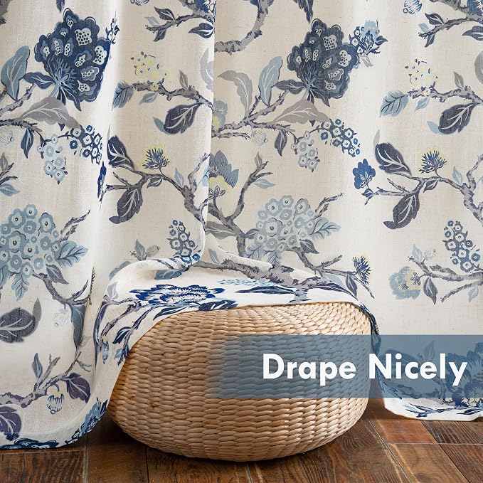 DriftAway Ada Floral Botanical Print Flower Leaf Lined Thermal Insulated Room Darkening Linen Blend 100% Blackout Back Tab Window Curtains 2 Layers Set of 2 Panels Each 52 Inch by 84 Inch Navy