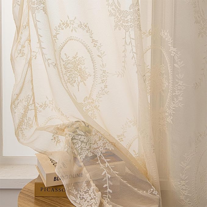 Sutuo Home Beige Lace Curtains 2 Panels for Bedroom Living Room 108 Inches Long, Vintage Embroidered Floral Rose Sheer Curtains, Privacy Shabby Chic Windows Treatment Pair, Rod Pocket, W57 x L108