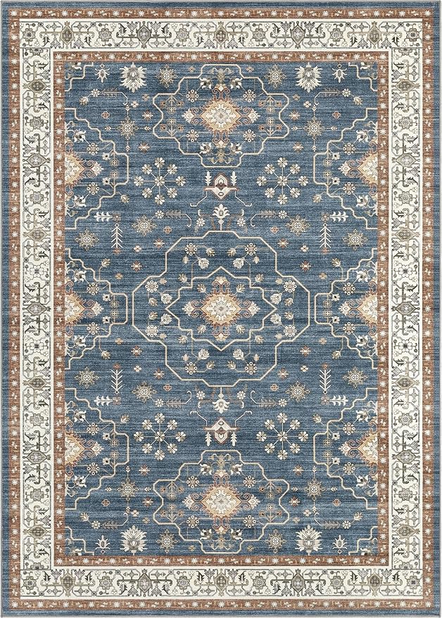 6x9 Area Rug for Living Room- Machine Washable Soft Oriental Vintage Large Indoor Floor Carpet for Bedroom Under Dining Table Home Office Decor - Dark Blue