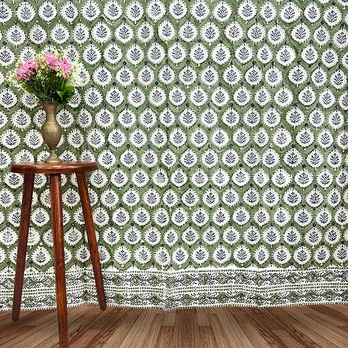 ATOSII 100% Cotton Single Panel Floral Block Print Curtain, Easy Hanging with Rod Pocket & Loop, Living Room, Dining Room, Bedroom Light Filtering Boho Curtains, Set of 1, 60" W X 84" L, Kari Green