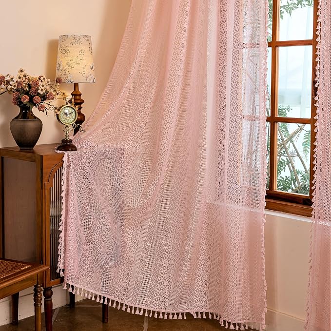 Sutuo Home Boho Sheer Curtains 96 inches Long for Living Room Dining Room, Lace Curtains Farmhouse Crochet Vintage Chic Princess Drapes Tassels Valentine's Decor Rod Pocket, 2 Panels 50" W,Light Pink