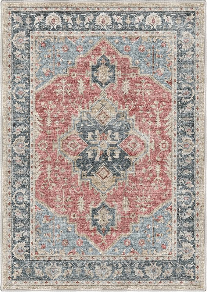 GENIMO 5x7 Floral Medallion Area Rug Machine Washable Non Slip Low Pile, Lightweight Print Pattern Rugs for Living Room Bedroom Dining Room, Dusty Red