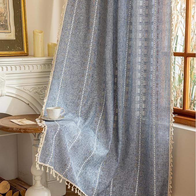Blue Boho Sheer Curtains 72 inches Long 2 Panels for Bedroom, Light filtering Semi Sheer Bohemian French Country Privacy Tassels Vintage Chic Embroidery Stripes Window Curtains Back Tab, 50" W