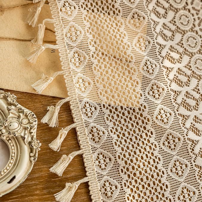 Sutuo Home Beige Lace Boho Curtains 45 Inches 2 Panels,Semi Sheer Small Window Curtains for Kitchen Cafe Crochet Vintage Chic Country Tassels Bohemian Drape Privacy Rustic Geometry Rod Pocket, 50" W