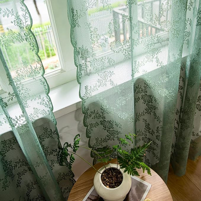 Sutuo Home Olive Green Lace Curtains 2 Panels Set for Bedroom Living Room 108 Inches Long, Sheer Privacy Light Filter Vintage Floral Embroidery Window Treatment Pair Decor, Rod Pocket, W57 x L108