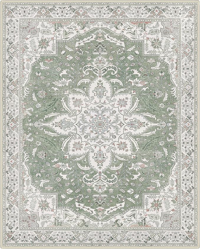 GENIMO 8X10 Washable Vintage Area Rugs for Living Room, Non-Slip Low Pile Chenille Print Rug, Soft Rugs for Bedroom Dining Room Home Office, Sage & Linen