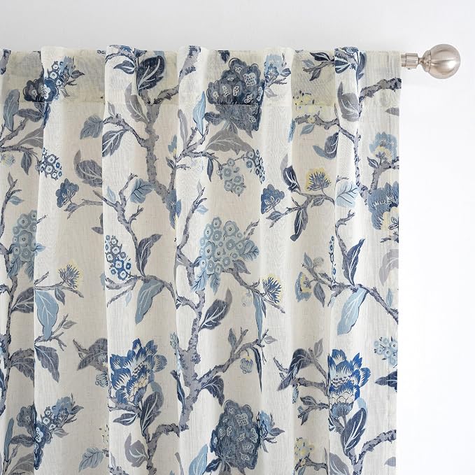 DriftAway Ada Floral Botanical Print Flower Leaf Lined Thermal Insulated Room Darkening Linen Blend 100% Blackout Back Tab Window Curtains 2 Layers Set of 2 Panels Each 52 Inch by 96 Inch Navy