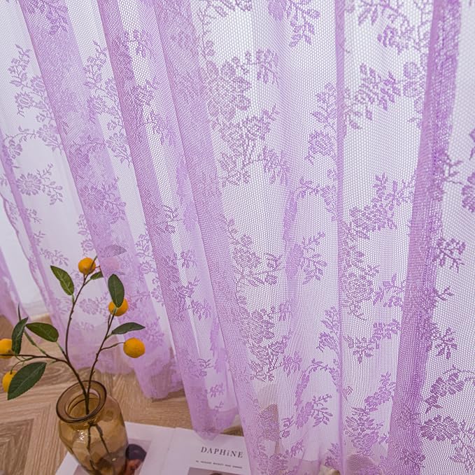 Sutuo Home Lace Curtains 2 Panels Set, Purple Sheer 96 Inch Long Window Floral Vintage Voile Window Panel Treatment for Bedroom/Living Room/Kitchen, Decor Rod Pocket W57 x L96