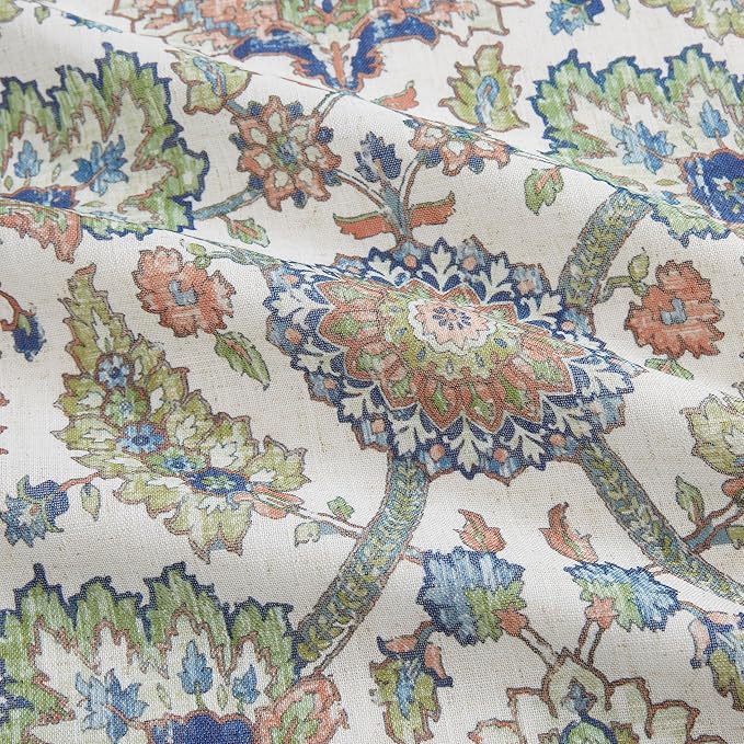 Vision Home Green Damask Floral Pinch Pleated Light Filtering Curtains, Linen Window Drapes with Microfiber Liner & Back Tab Hooks for Living Room Bedroom, Bohemian Medallion Print 40x84 Inch 2 Panels