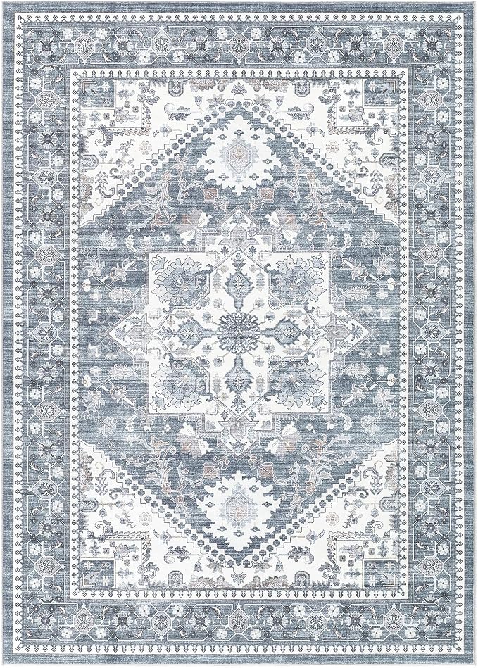 5x7 Vintage Area Rug: Washable Neutral Soft Non Slip Thin Large Floor Carpet for Living Room Bedroom Kitchen Dining Room Home Office Farmhouse Indoor - Blue