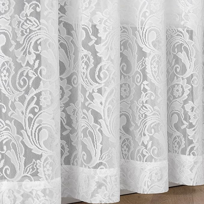 Bujasso White Lace Pinch Pleat Curtains 84 inch,Vintage Floral Sheer Drapes with Hooks & Rings, Victorian Damask Scalloped Edge Light Filtering Window Panels for Bedroom Living Room, 40" Wx84 Lx2