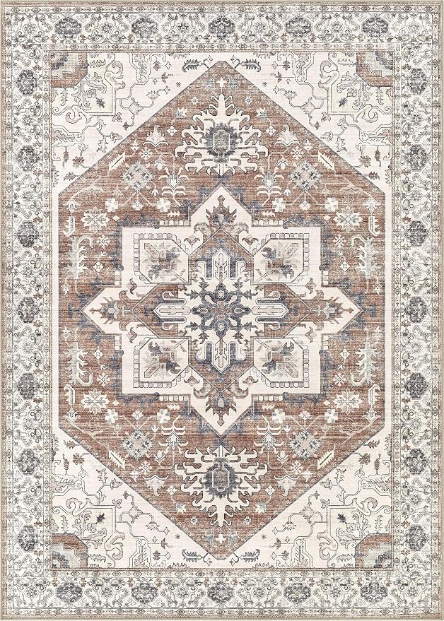 Area Rug 10x14 for Living Room - Washable Oriental Vintage Floral Distressed Large Indoor Carpets with Non Slip Back for Bedroom Dining Room Nursery Office Home Decor -Terracotta/Brown