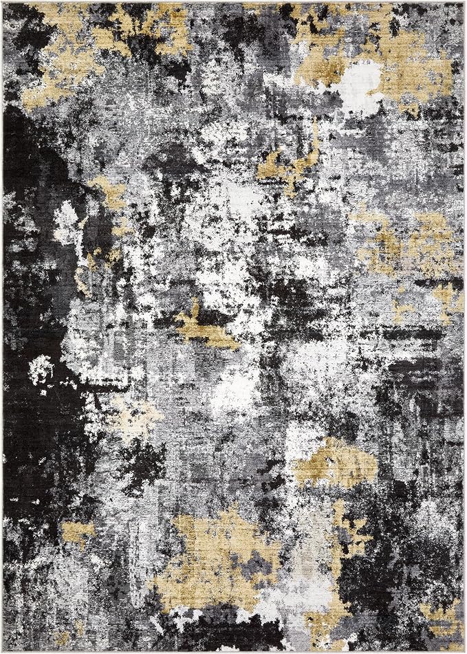 Abstract 10x12 Area Rug: Machine Washable Non Slip Ultra Thin Low-Pile Carpet, Soft Stain Resistant for Living Dining Room Bedroom, Kid Pet Friendly, Robot Vacuum Compatible - Black Gold