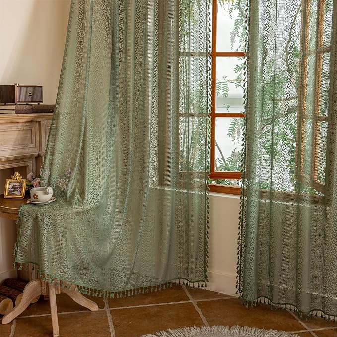 Sutuo Home Olive Green Boho Lace Sheer Curtains, Farmhouse Crochet Privacy Vintage Bohemian Tassels Retro Christmas Decor Window Curtains for Living Room Bedroom Rod Pocket,2 Panels 50" x 102"