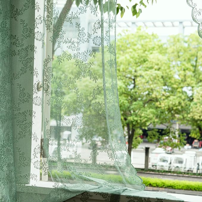 Sutuo Home Olive Green Lace Curtains for Bedroom Living Room 84 Inches Long 2 Panels Set, Dark Hunter Sheer Vintage Floral Embroidery Window Treatment Pair Christmas Decor, Rod Pocket, W57 x L84