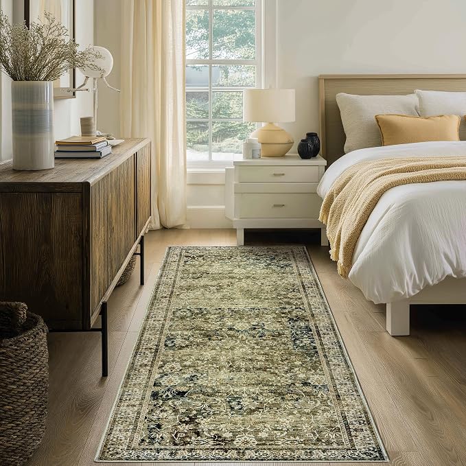 Boho Washable Runner Rug for Kitchen,Non Slip Rubber Backing Non Skid Oriental Floral Vintage Long Carpet Runners for Hallway Entryway Indoor Doormat Bedroom,2x6 6ft,Moss Olive Green Beige