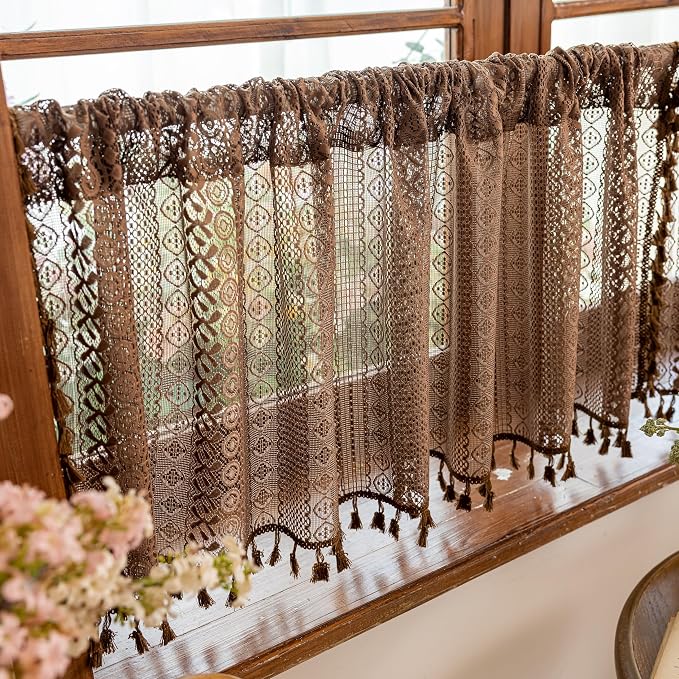 Sutuo Home Dark Coffee Boho Short Curtains Valance for Kitchen Window Curtains Over Sink, Caramel Lace Sheer Closet Crochet Privacy Farmhouse Vintage Chic Tassels Rod Pocket,2 Panels 50" W x 18" L