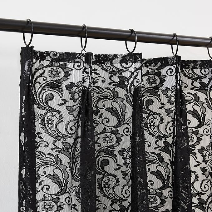 Bujasso Black Lace Pinch Pleat Curtains 90 inch,Gothic Vintage Floral Sheer Drapes with Hooks & Rings, Baroque Damask Scalloped Edge Light Filtering Window Panels for Bedroom Living Room, 40"Wx90"Lx2
