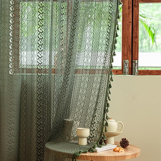 Sutuo Home Olive Green Boho Curtains 63 inches Long for Kitchen Bedroom, Crochet Lace Sheer Bohemian Hollow Knitted Tassels, Privacy Vintage French Retro Farmhouse, Rod Pocket 1 Panel 59" W x 63" L