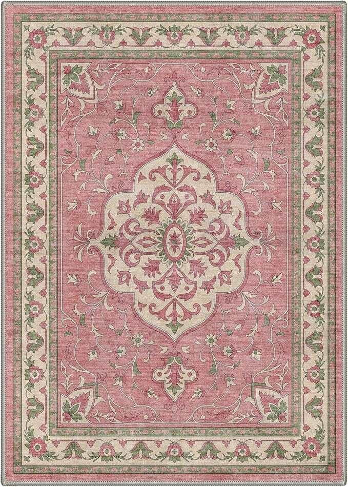 GENIMO 5x7 Floral Medallion Area Rug Machine Washable Non Slip Low Pile, Lightweight Print Pattern Rugs for Living Room Bedroom Dining Room, Dusty Pink