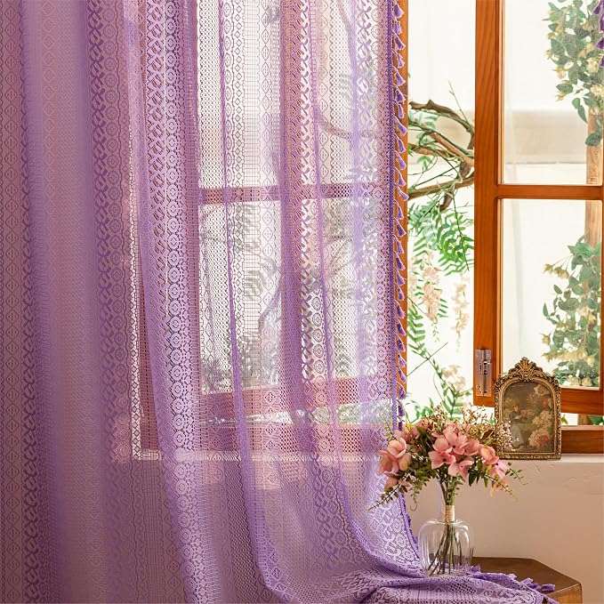 Sutuo Home Lavendar Boho Lace Curtains for Kitchen Kid's Room, Semi Sheer Macrame Bohemian Cottagecore Farmhouse Fringes Crochet Vintage Chic Window Treatment Drapes, Rod Pocket 1 Panel 59" W x 63" L