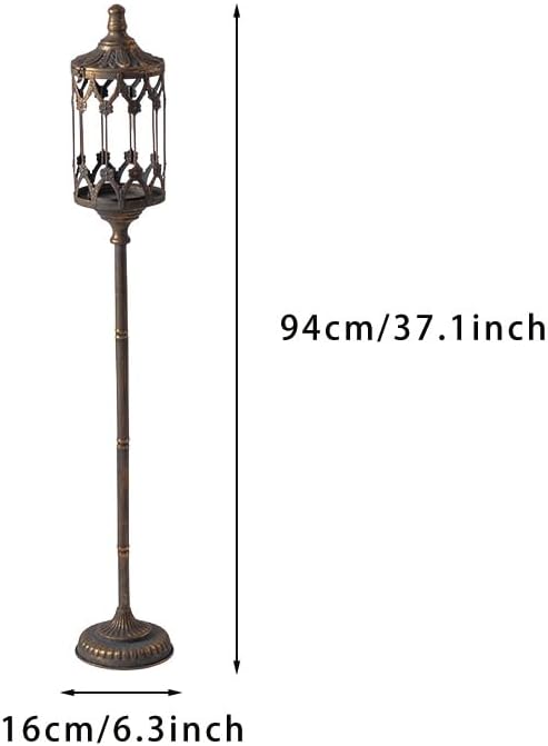 Vintage Floor Candelabra - 37.1" Tall Antique Gold Candle Holder with Glass Lantern, Rustic Gothic Metal Pillar Stand for Home Decor, Wedding & Event Centerpiece