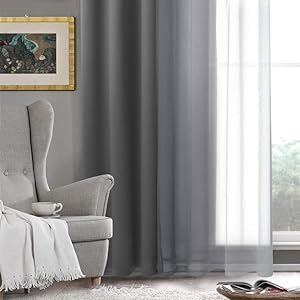 DWCN Grey Ombre Faux Linen Short Sheer Curtains - Extra Wide Gradient Semi Voile Light Filtering Grommet Top Bedroom and Living Room Curtains, 60 x 84 Inches Long, Set of 2 Window Curtain Panels