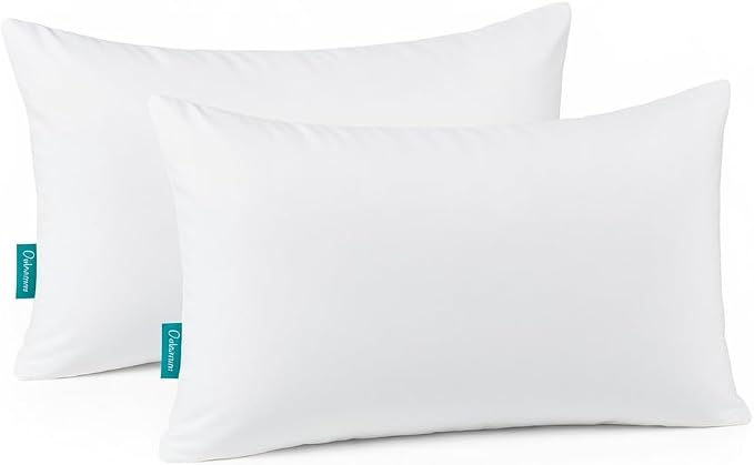 Oubonun 12 x 20 Down Feather Pillow Inserts - Fluffy and Plush Odor-Free Fill - 100% Breathable Cotton Fabric for Couch Sofa Bed, White, Pack of 2