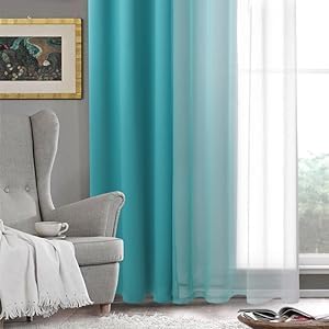 DWCN Ombre Faux Linen Sheer Curtains - Extra Long Gradient Semi Voile Grommet Top Bedroom and Living Room Curtains, 52 x 102 Inches Long, Set of 2 Window Curtain Panels, Teal