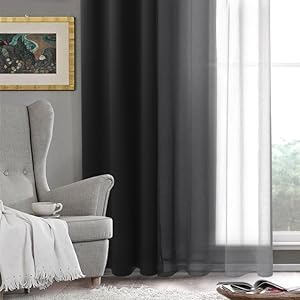 DWCN Black Ombre Short Sheer Curtains - Faux Linen Semi Voile Gradient Light-Filtering Bedroom and Living Room Curtains, Set of 2 Grommet Top Window Drape Panels, 42 x 45 Inch Length