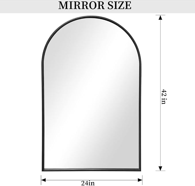 Dewfig Arched Wall Mounted Mirror, 42"x24", Arch Black Mirror for Bathroom Vanity, Living Room or Bedroom, Entryway, Hallway Wall Mirror, Farmhouse Decorative Mirror for Hanging, Black, Iron Frame