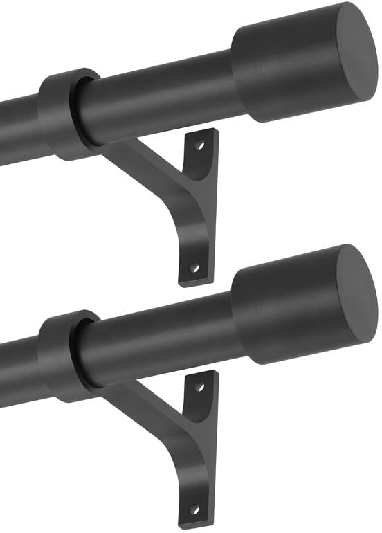2 Pack Matte Black Curtain Rods for Window 36-72", Decorative Curtain Rods with Cap Finials, Adjustable 1-Inch Thicken Single Curtain Rods Telescoping Drapery Rods