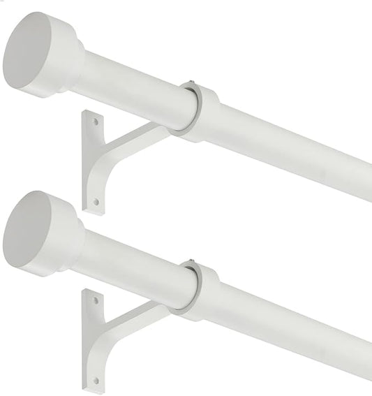 2 Pack Heavy Duty 1 Inch Diameter Single Curtain Rods 72-144” Adjustable Window Curtain Rod with Cylindrical Cap Finials, Wall Mount and Ceiling Mount, Matte White