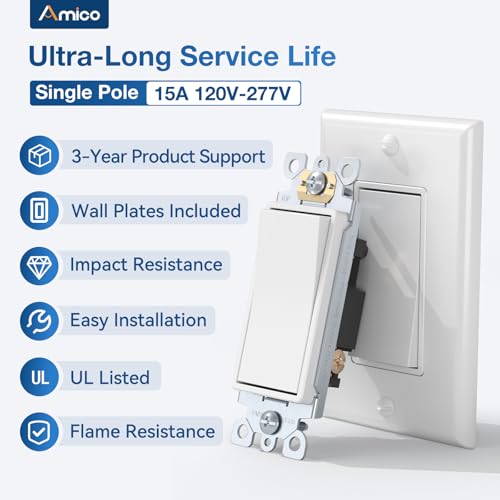 Amico 30 Pack Single Pole Decorator Light Switch with Wallplate and 50 Pack 15A Wall Outlet, White Decorator Receptacle with Wall Plate, UL Listed