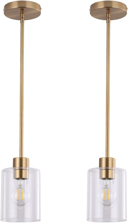 Brass Pendant Lights Kitchen Island,Modern Farmhouse Clear Glass Pendant Light,Gold Light Fixture Kitchen Pendant Mini Hanging Light Fixture for Sink (Brass 2 Pack stem Rod)