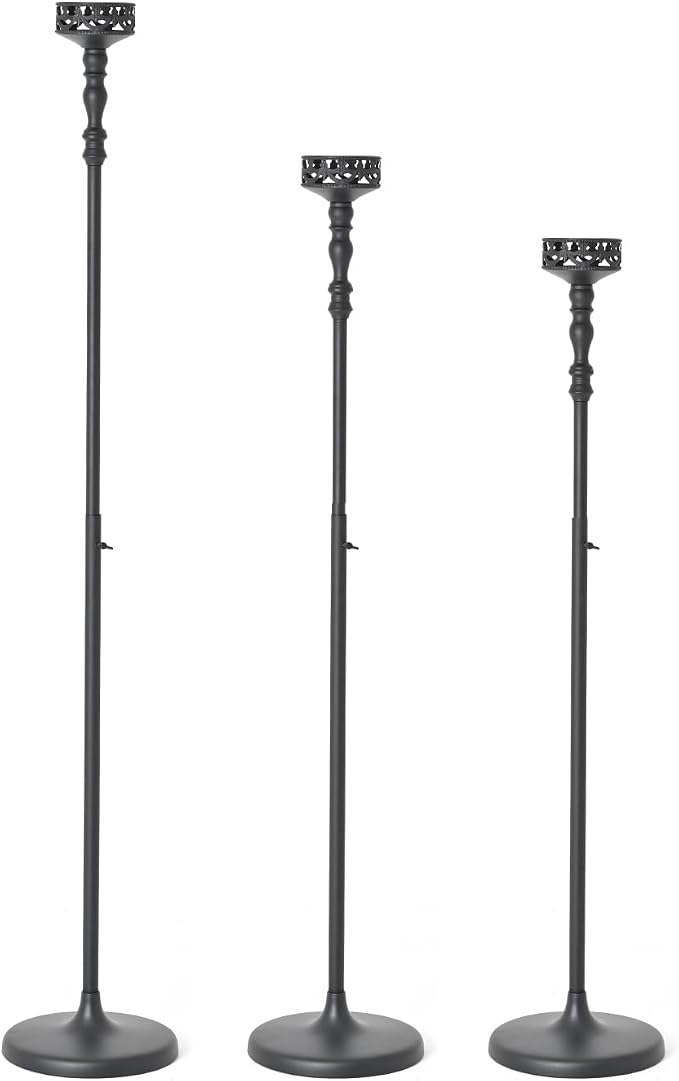 3Pcs Matte Black Floor Candle Holders Centerpieces for Pillar Candles | Adjustable Height,Halloween Metal Candlestick Set,Wedding Party Home Ceremony Mantel Fireplace Decorations
