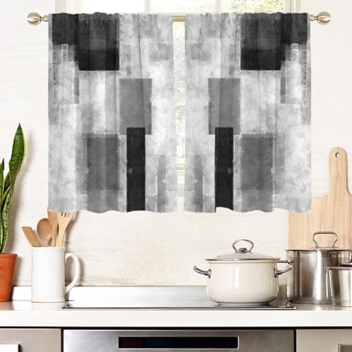AAtter Black Grey and White Window Curtains for Kitchen White Gray Geometric Silver Small Short Home Living Room Bedroom Bathroom Drapes Treatment Tiers Fabric 1 Pair, 27.5" W x 45" L, Modern