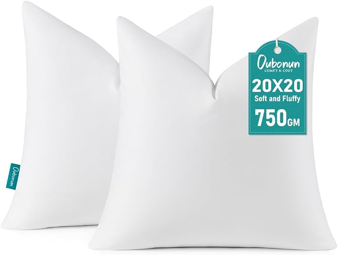 Oubonun 20 x 20 Down Feather Throw Pillow Inserts - Fluffy and Plush Odor-Free Fill - 100% Breathable Cotton Fabric for Couch Sofa Bed, White, Pack of 2