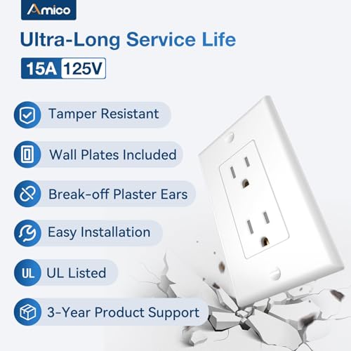 Amico 30 Pack Single Pole Decorator Light Switch with Wallplate and 50 Pack 15A Wall Outlet, White Decorator Receptacle with Wall Plate, UL Listed