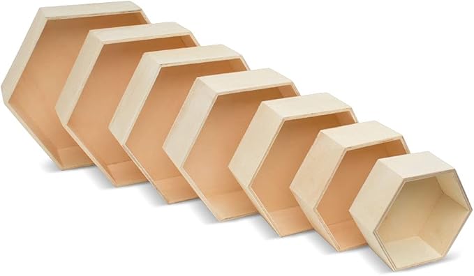 Woodpeckers Wooden Hexagon Floating Shelves with Backs, 2 Sets of 7, Unfinished for Crafts and DIY Wall Décor: Modern, Geometric, Rustic, or Honeycomb
