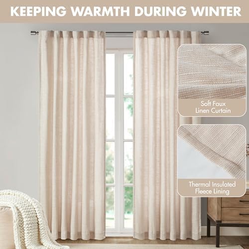 Madison Park Linen Blend Curtain Window, Thermal Insulated Fleece Lining, Living Room Decor Light Filtering Drape for Bedroom, 1-Single Panel Pack Fits 1.25" Rod, Beals, 50x95 Rod Pocket Top, Natural