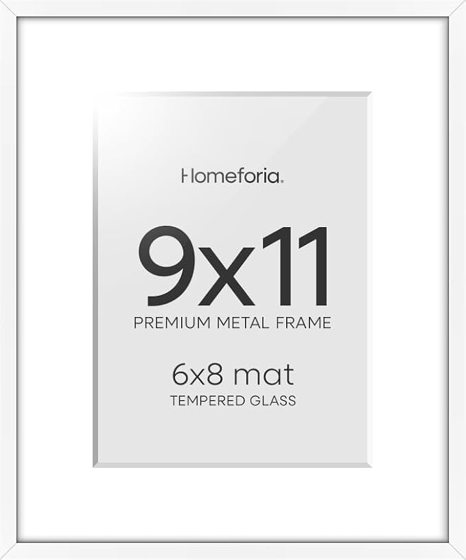Homeforia 9x11 White Frame, High End Metal 9 x 11 Picture Frames with Mat 6 by 8 inch Photo, 9by11 Thin Poster Frame Matted to 6x8 Print, 11x9 Wall or Tabletop Frame, Tempered Glass, Wall Kit, Set of 1